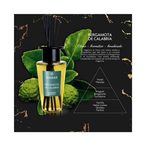 AMBAR Ambientador perfumador de varillas (Mikado premium), con aroma a Bergamota calabresa 85 ml.