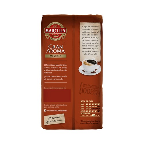 MARCILLA Gran aroma Café molido mezcla, tueste natural (50%) y torrefacto (50%) 500 g.