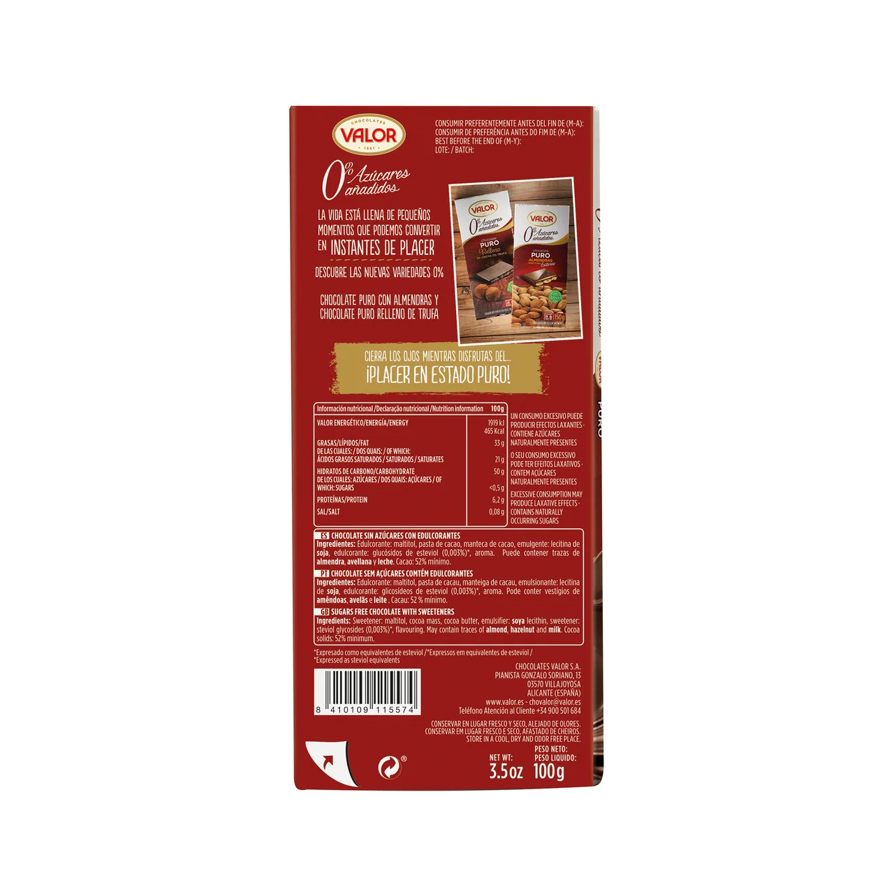Chocolate puro, 52 % cacao. 0 % azúcares añadidos 100 g.