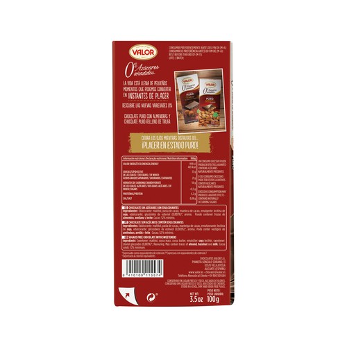 VALOR Chocolate puro, 52 % cacao. 0 % azúcares añadidos 100 g.