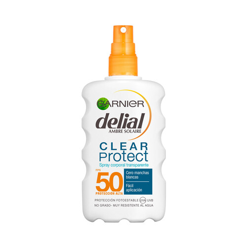 DELIAL Clear protect + Protector solar en spray con factor protección 50 (alta) de Garnier 200 ml.