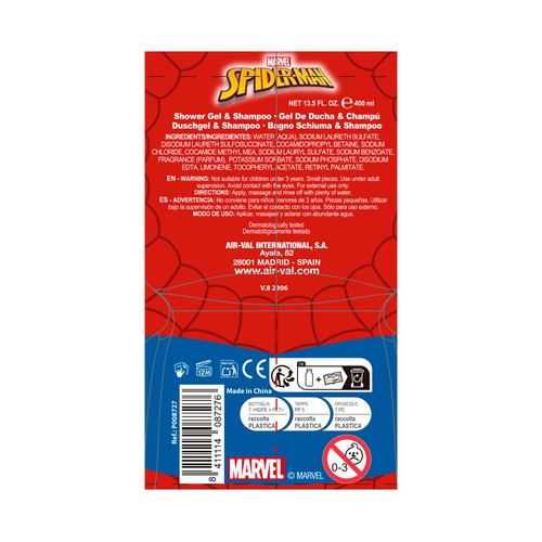 SPIDERMAN Gel para baño o ducha y champú con un 90% de ingredientes de origen natural SPIDERMAN 400 ml.