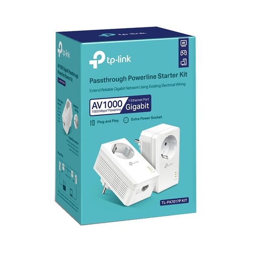 Kit de inicio Powerline TP-LINK TL-PA7017P KIT AV1000, puerto Gigabit Ethernet, enchufe incorporado.