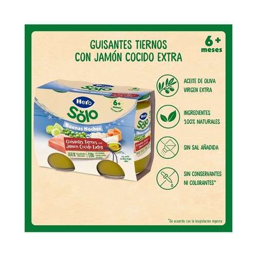 HERO Solo buenas noches Tarrito de guisantes tiernos con jamón cocido extra (textura suave), a partir de 6 meses 2 x 190 g.