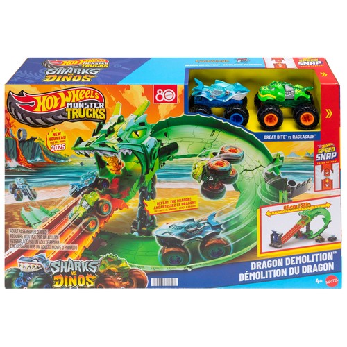 Monster Trucks Sharks vs. Dinos Destrucción del Dragón con 2 camiones a escala 1:64 +4 Años, Hot Wheels MATTEL