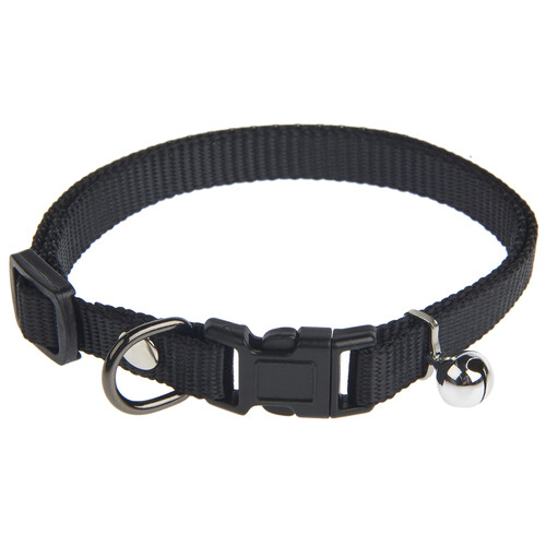 PRODUCTO ALCAMPO Collar de 1 cm. extensible (20 - 40 cm) negro con campana y hebilla de plástico.