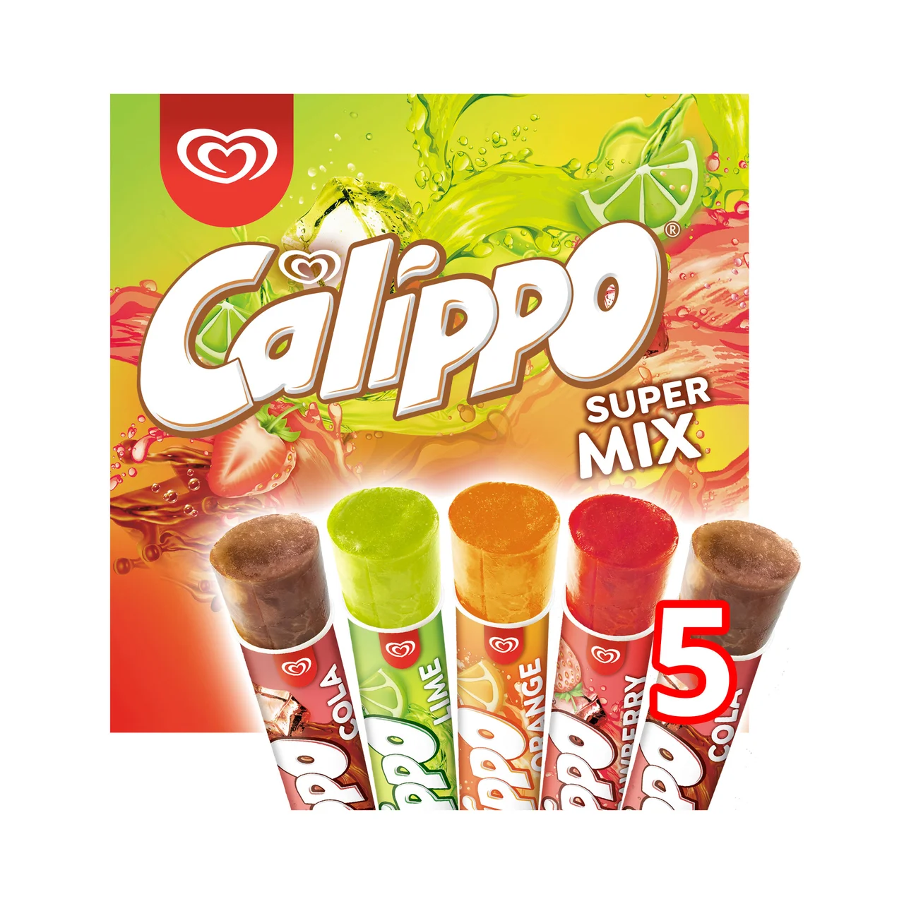 Polos de diferentes sabores, cola (2), lima, naranja y fresa super mix 5 x 105 ml.