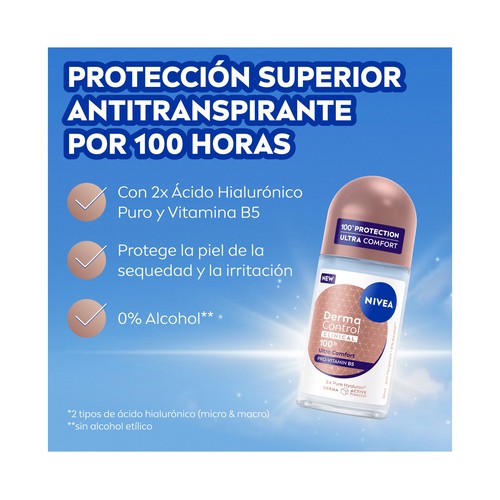 NIVEA Derma control clinical Desodorante roll on para mujer, antitranspirante hasta 100 horas 50 ml.