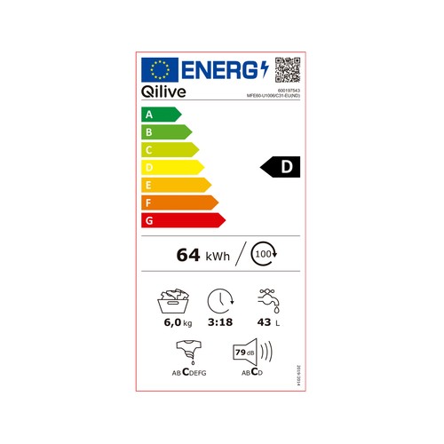 Lavadora QILIVE Q.6543 6KG, Clasificación energética: D, 1000RPM, H: 85cm, A: 60cm, F: 44cm.