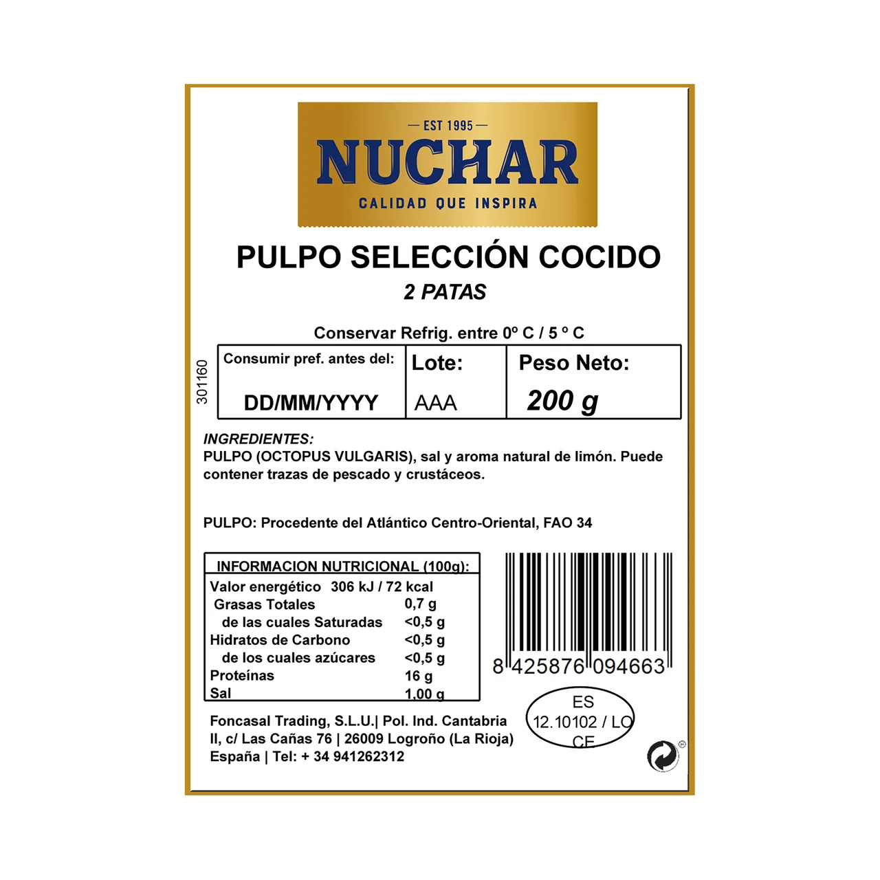 NUCHAR Patas cocidas de pulpo NUCHAR 200 g.