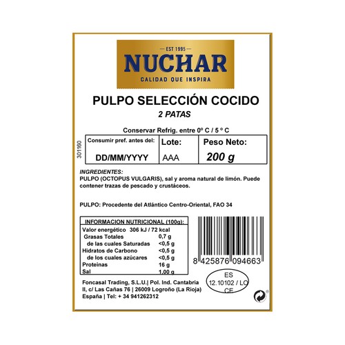 NUCHAR Patas cocidas de pulpo NUCHAR 200 g.
