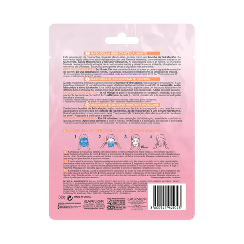 GARNIER Skin Active Mascarilla de tela Hydra Bomb, hidratante y calmante con ácido Hyalurónico y manzanilla.