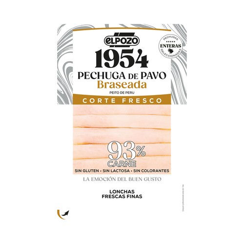 Pechuga de pavo braseada, sin lactosa y sin colorantes, cortada en finas lonchas EL POZO Corte fresco 1954 120 g.