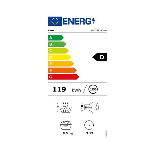 Secadora por condensación con bomba de calor BEKO BM3T38230WB BLANCA, capacidad de secado: 8KG, clasificación energética: D, H: 84,6cm, A: 59,8cm, F: 54,5cm