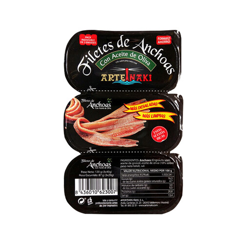 Filetes de anchoas con aceite de oliva ARTEIÑAKI, pack de 3 unidades de 29 g.