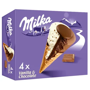 MILKA Cono de chocolate y vainilla con trocitos de chocolate 4 x 110 ml.