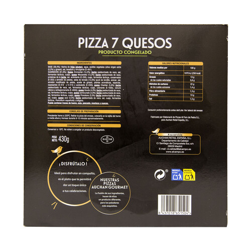 ALCAMPO GOURMET Pizza congelada a los 7 quesos (Emmental, Mozzaella, Cheddar, Gouda, semicurado, Provolone y azul) 430 g.