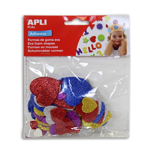 Bolsa de 52 corazones adhesivos de goma eva con purpurina y de diferentes colores APLI.