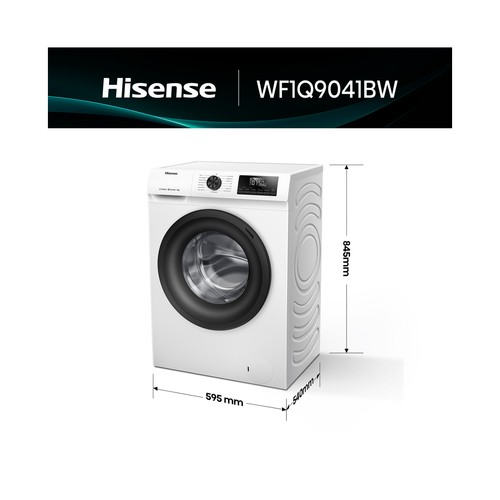 Lavadora HISENSE WF1Q9041BW  9KG, color blanca, clasificación energética: A, 1400RPM, H: 84,5cm, A: 59,5cm, F: 54cm.