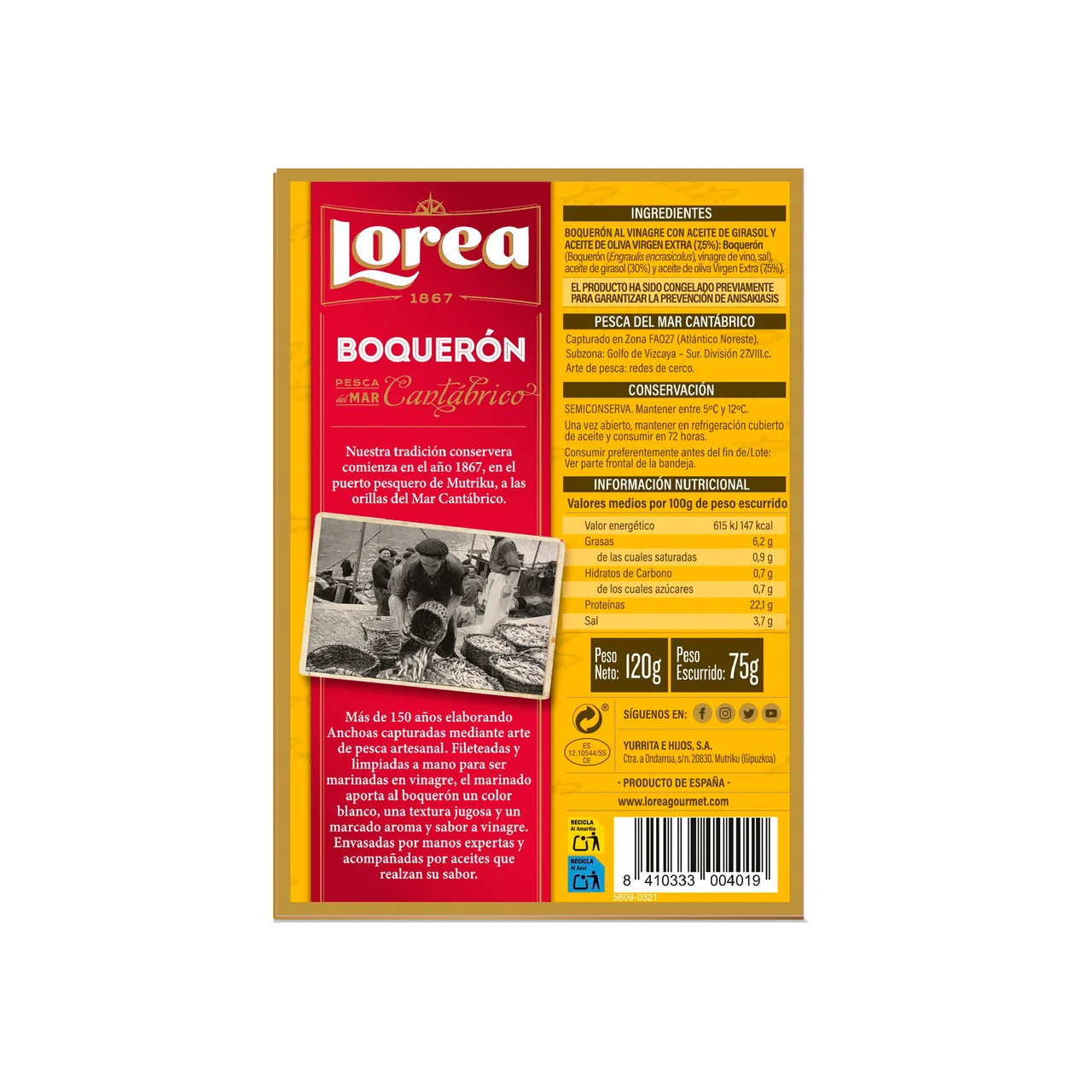 LOREA Filetes de boquerón del Cantábrico en aceite de oliva LOREA 120 g.