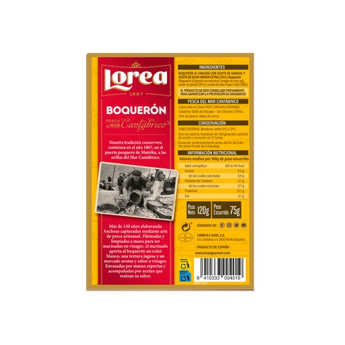 LOREA Filetes de boquerón del Cantábrico en aceite de oliva LOREA 120 g.