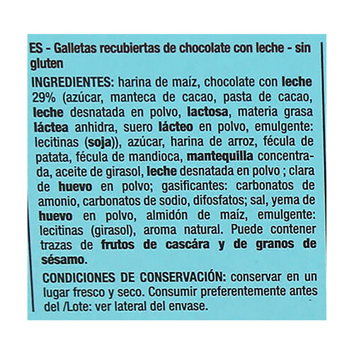PRODUCTO ALCAMPO Galletas sin gluten cubierta de chocolate 150 g.