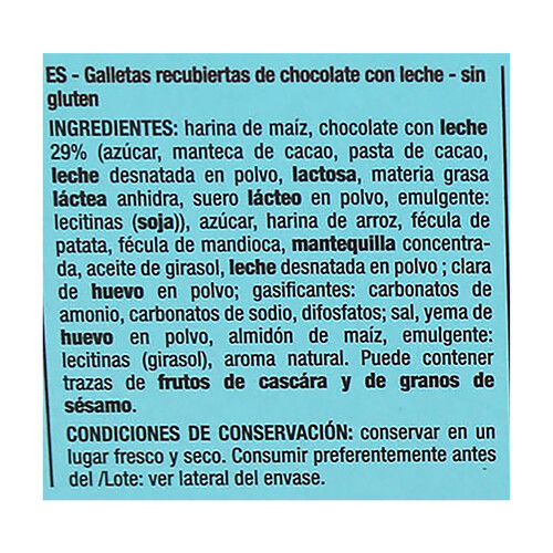 PRODUCTO ALCAMPO Galletas sin gluten cubierta de chocolate 150 g.