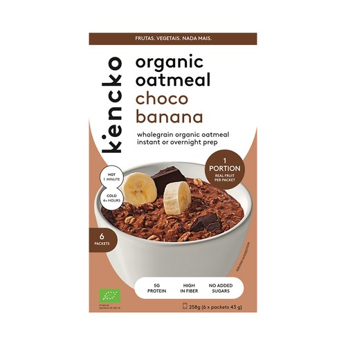 KENCKO Copos de avena ecológicos instantáneos con chocolate y frutas deshidratadas 6 x 43 g.