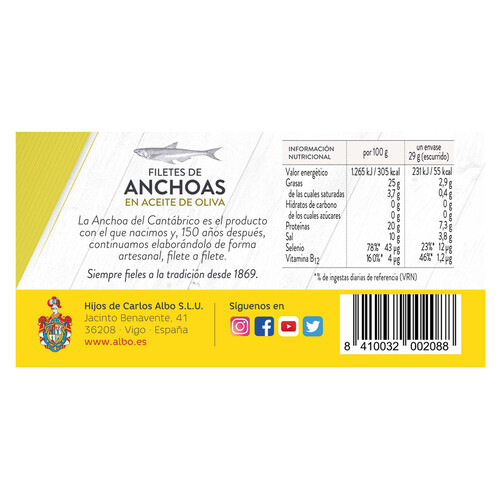 ALBO Filetes de anchoa en aceite de oliva ALBO 29 g.