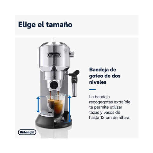 Cafetera espresso DE`LONGHI Dedica EC 685.M metal, presión 15 bar, café molido o monodosis, depósito 1,3L, calienta tazas.