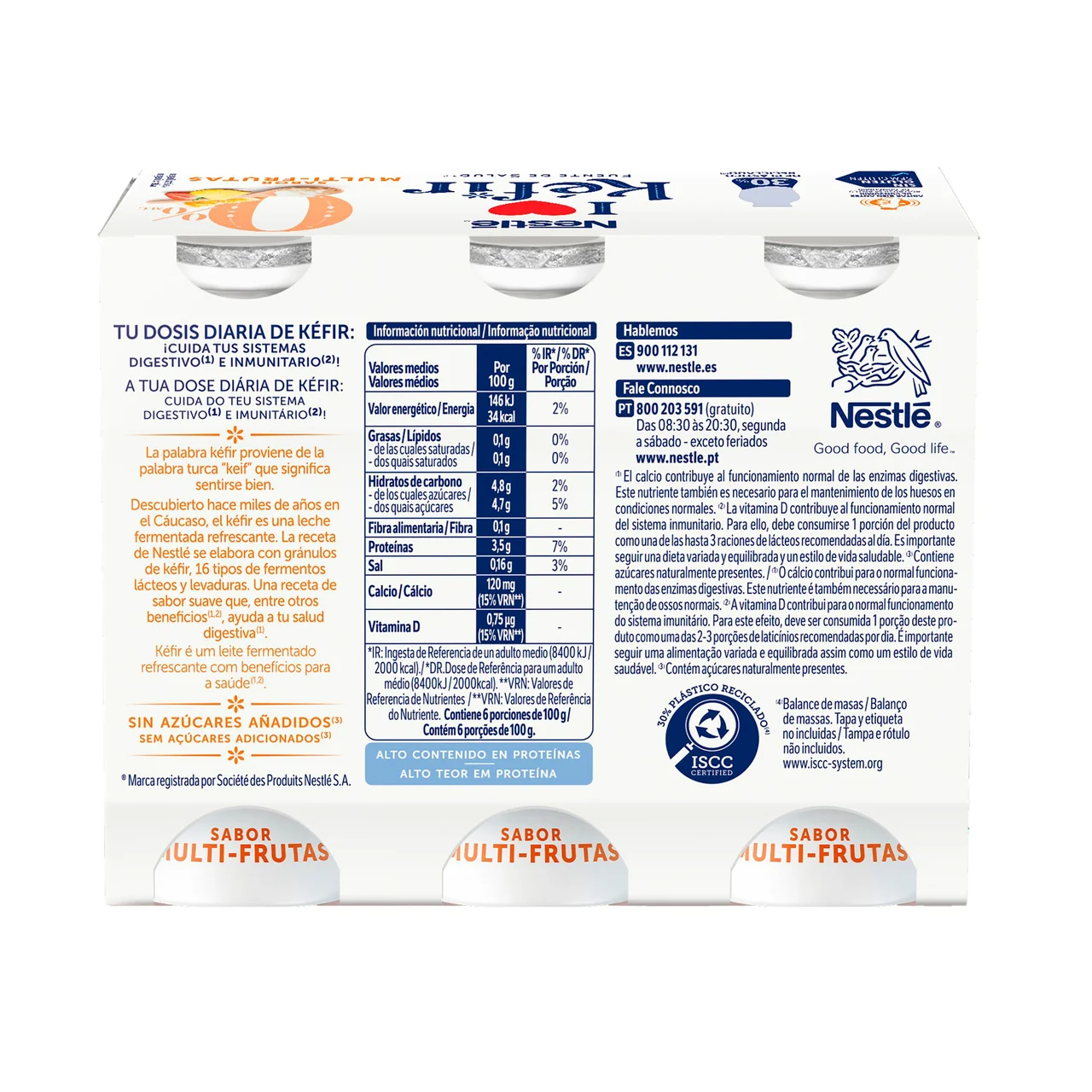 Kefir líquido desnatado (0% materia grasa) sabor multi-frutas 6 x 100 g.