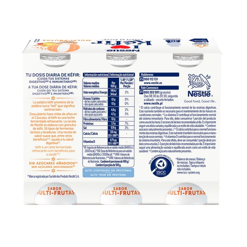 NESTLÉ Kefir líquido desnatado (0% materia grasa) sabor multi-frutas 6 x 100 g.