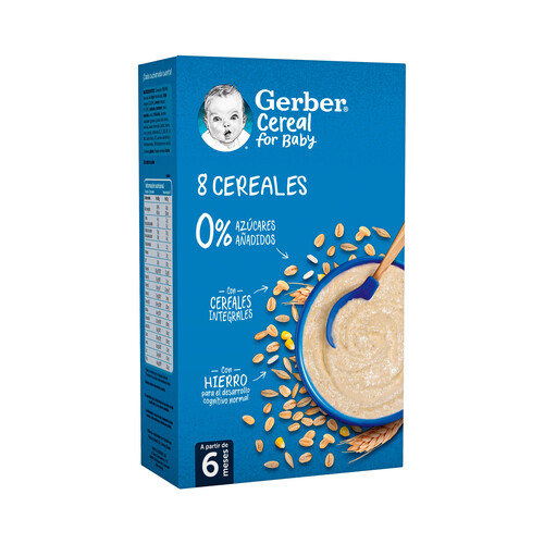 GERBER Papilla de 8 cereales (trigo, avena, cebada, centeno, maiz, espelta, arroz y triticale) a partir de 6 meses GERBER 475 g.
