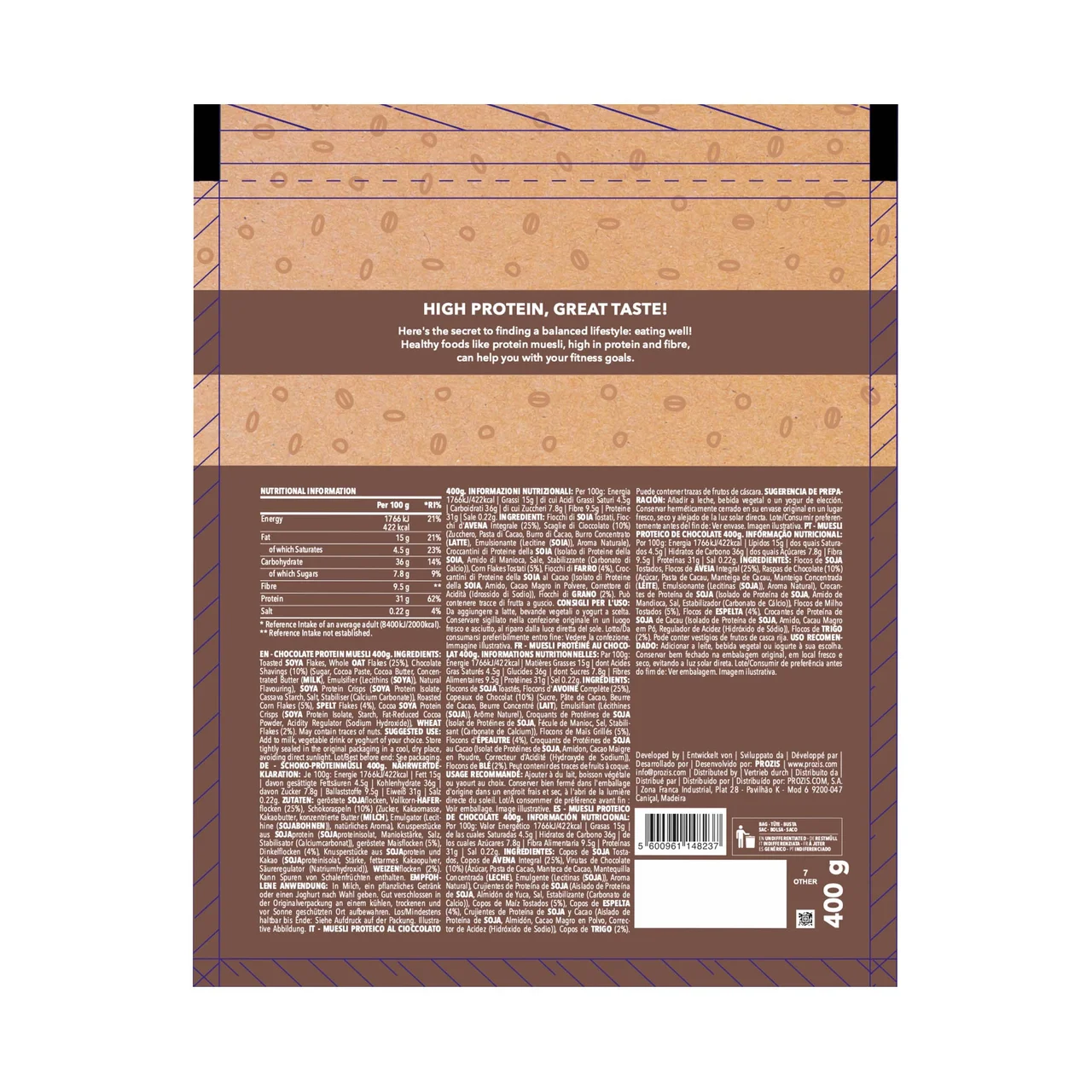 PROZIS Cereales muesli con chocolate y extra de proteína PROZIS 400 g.