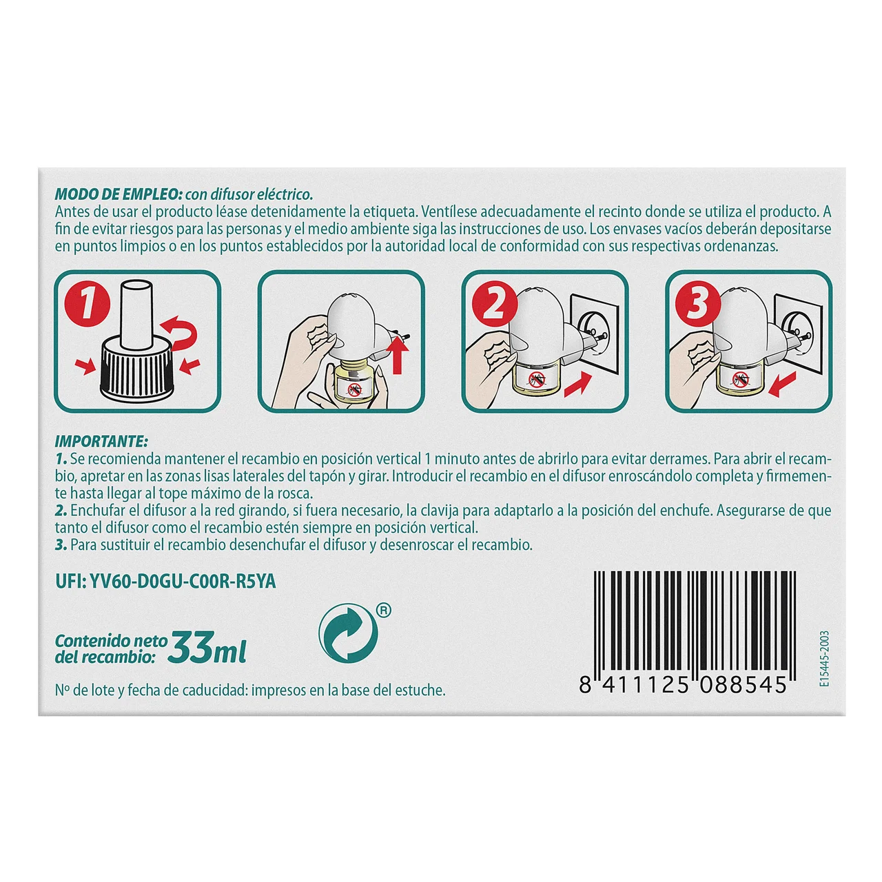 Insecticida elèctrico, 3 recambios 3 x 33 ml