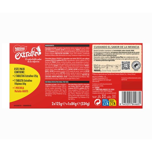 NESTLÉ Chocolate con leche extrafino y mochila de Mafalda 3 uds. 334 g.