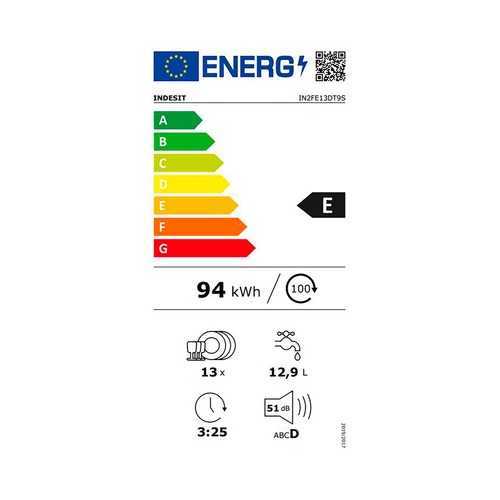 Lavavajillas INDESIT IN2FE13DT9S Inox, capacidad: 13 servicios, clasificación energética: E, H: 85cm, A: 60cm, F: 60cm.