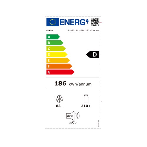 Frigorífico combi EDESA EFC-18330 NF WH, inox, NO FROST, clasificación energética: D, H: 186cm, A: 60cm, F: 60cm, capacidad total: 293L.