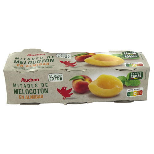 Mitades de melocotón en almíbar PRODUCTO ALCAMPO pack de 3 uds. de 115 gr, peso neto escurrido.