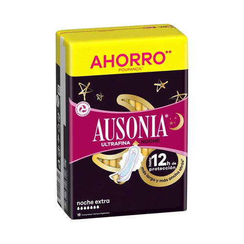 AUSONIA Compresas ultrafinas de noche extra con alas 18 uds.