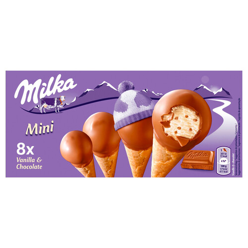 MILKA Mini conos de vainilla con trocitos de chocolate con leche y recubiertos de chocolate 8 x 25 ml.