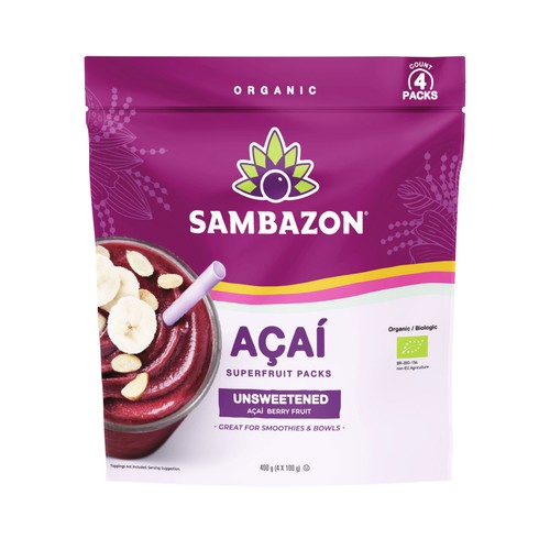 SAMBAZON Puré de Açai sin azúcar de origen ecológico 4 x 100 g.
