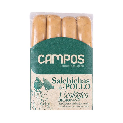 CAMPOS Salchichas cocidas de pollo ecológico, tipo Frankfurt 250 g.