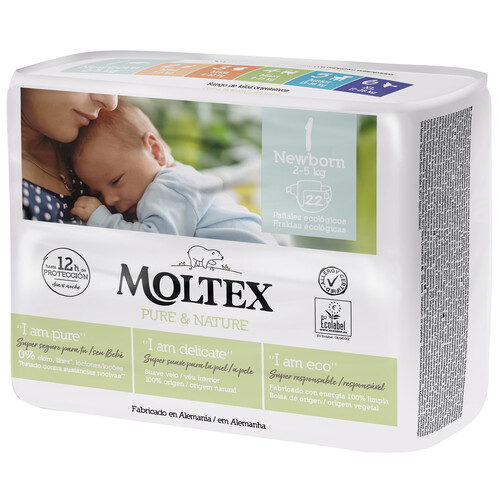MOLTEX Pure & nature Pañales ecológicos talla 1 para bebés recien nacidos (2-5 kg) 22 uds.