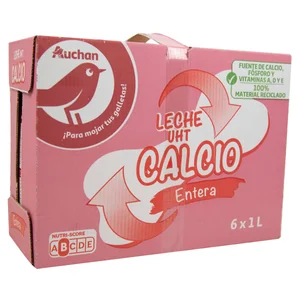 AUCHAN Leche entera de vaca, enriquecida con calcio 6 x 1 l. Producto Alcampo