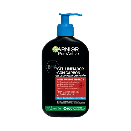 GARNIER Pure active Gel limpiador con carbón para pieles con tendencia acneica y puntos negros 250 ml.
