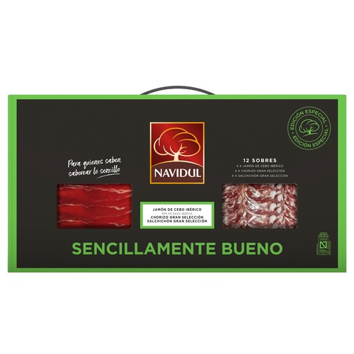 NAVIDUL Maletín con 12 sobres de 75 g. de jamón, chorizo y salchichón cortados en lonchas.