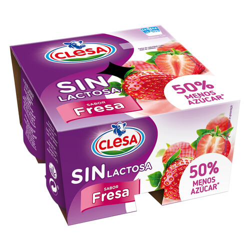 Yogur de fresa sin lactosa y con un 50% menos de azúcar CLESA 4 x 125 g.
