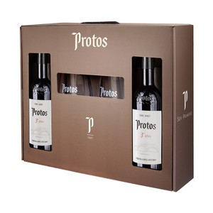 PROTOS 3 Año Estuche con 2 botellas de vino tinto crianza con D.O. Ribera del Duero + 2 copas.