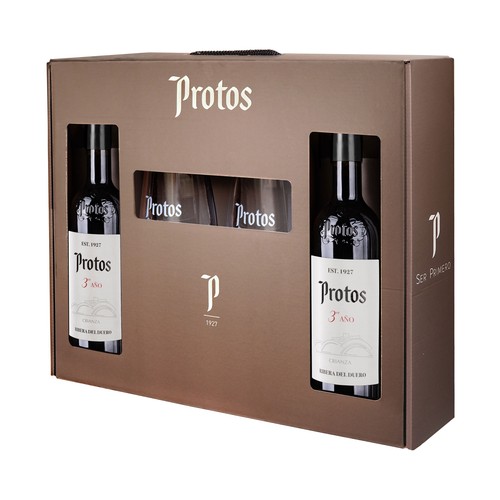 PROTOS 3 Año Estuche con 2 botellas de vino tinto crianza con D.O. Ribera del Duero + 2 copas.